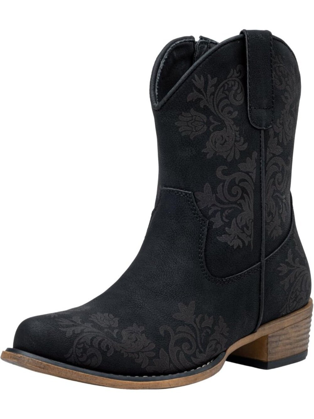 Women's Black Leather Square Toe Low Heel Side ZIP Cowgirl Ankle Western Boots